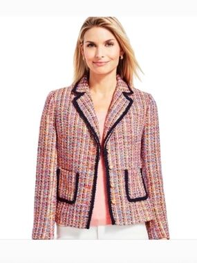🌷Talbots Colorful Confetti TWEED  Boucle CONTRAST-TRIM JACKET Blazer Size 14WP